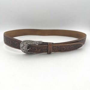 Tony Lama Mens 38 C41774 Belt Brown Floral Tooled Leather Western Silver Buckle*